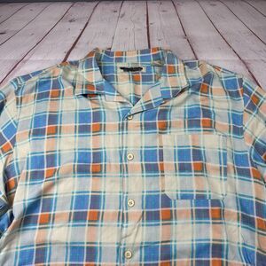 Island Republic Shirt Mens 2XL Blue Orange Plaid 100% Silk Short Sleeve Camp